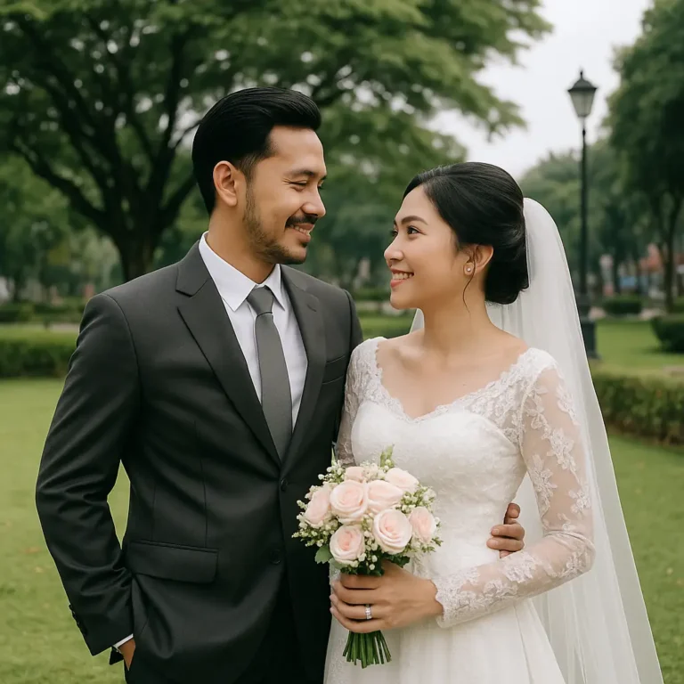 pasangan pengantin berpose di taman kota fotografer pernikahan surabaya