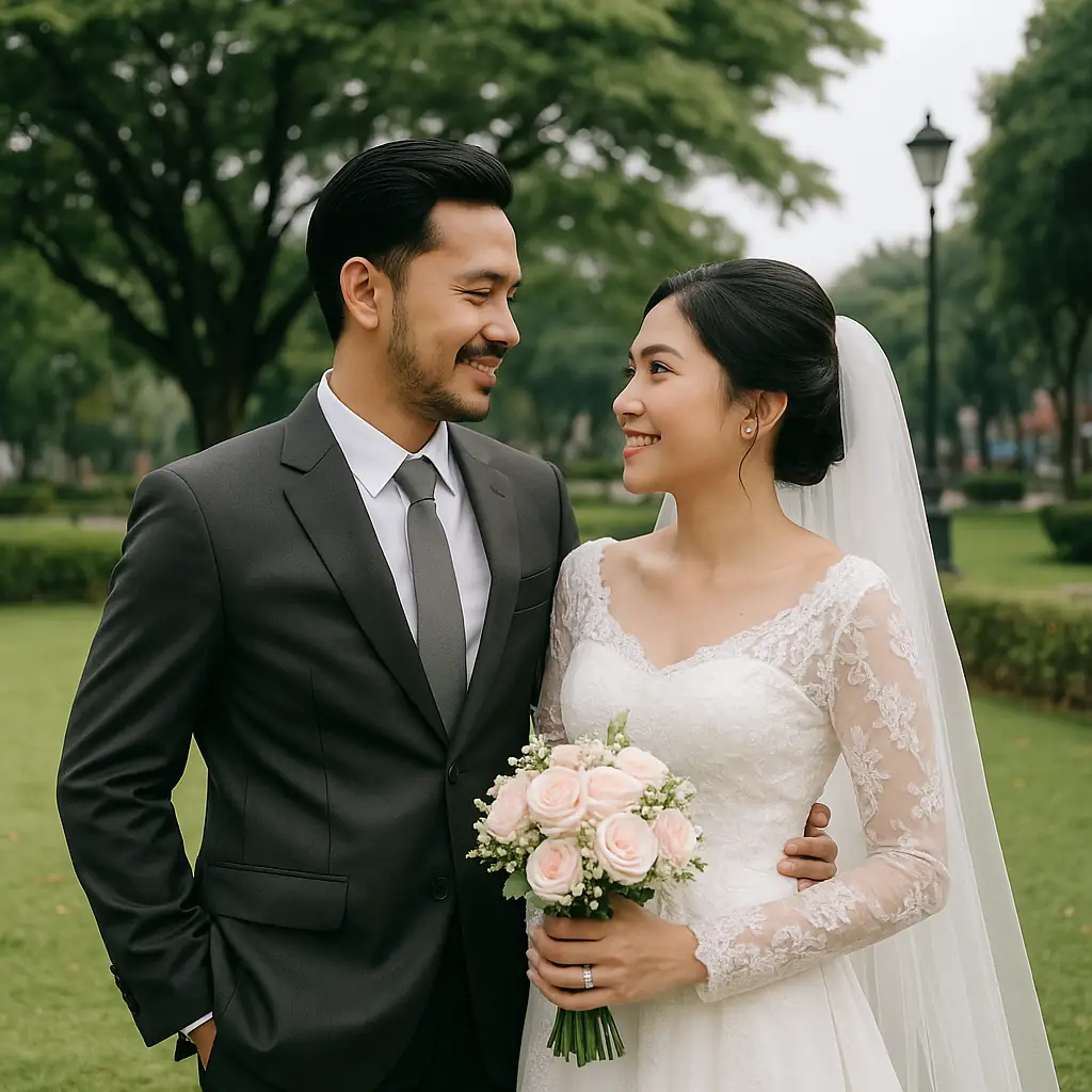 pasangan pengantin berpose di taman kota fotografer pernikahan surabaya